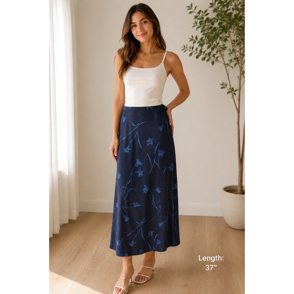 Vintage 90s Jones New York Navy Blue 100% Silk Floral Lily Maxi Skirt Size 6